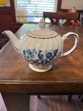 Classic Blue and White Floral Teapot - does show wear and discoloration